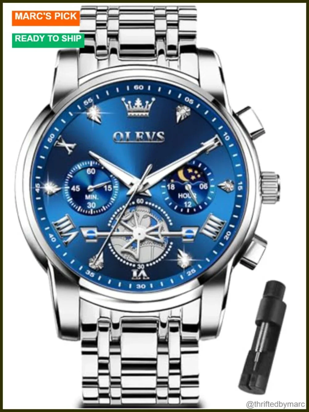 Stainless Steel Chronograph Watch with Roman Numerals, Luminous, Water